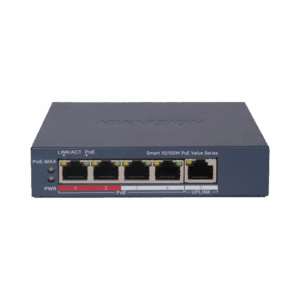 Switch PoE+ / Administrable / 4 Puertos 10/100 Mbps PoE+ / 1 Puerto 10/100 Mbps Uplink / Configuración Nube Hik-PartnerPro / Modo Extendido hasta 300 Metros /  45 W