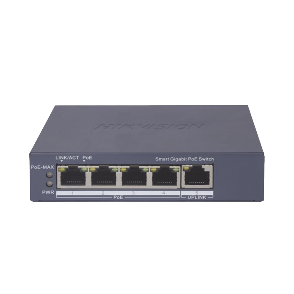 Switch Gigabit PoE+ / Administrable / 4 Puertos 1000 Mbps PoE+ / 1 Puerto 1000 Mbps Uplink / Configuración Nube Hik-PartnerPro / Modo Extendido hasta 300 Metros / 60 Watts