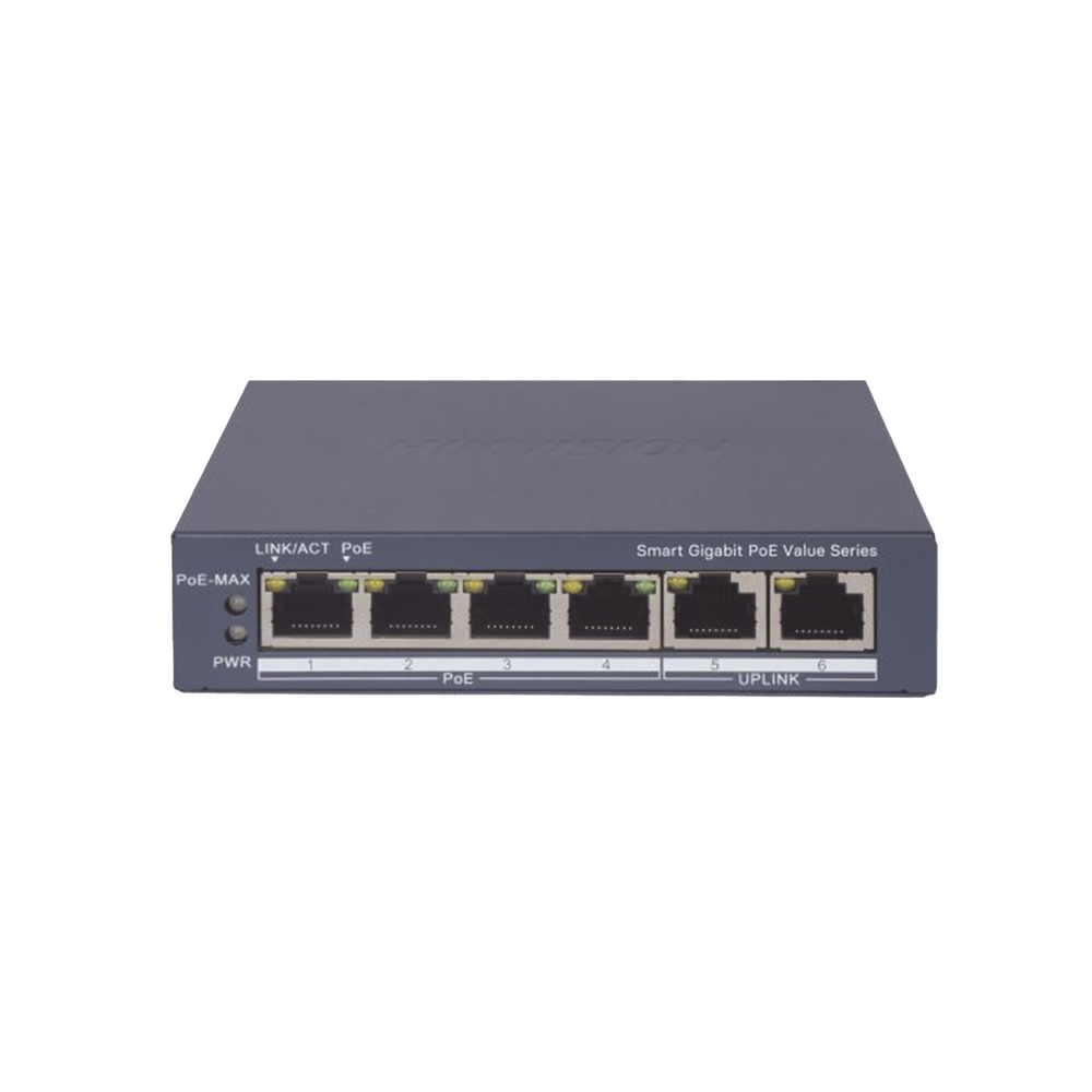 Switch Gigabit PoE+ / Administrable / 4 Puertos 1000 Mbps PoE+ / 2 Puertos 1000 Mbps Uplink / Configuración Nube Hik-PartnerPro / Modo Extendido hasta 300 Metros / 45 Watts
