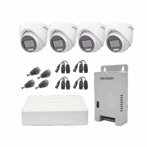KIT TurboHD 1080p / DVR 4 Canales con audio por coaxitron / 4 Cámaras con Micrófono y  106° Visión/  luz blanca + IR visión nocturna  / Transceptores / Conectores / Fuente de Poder Profesional