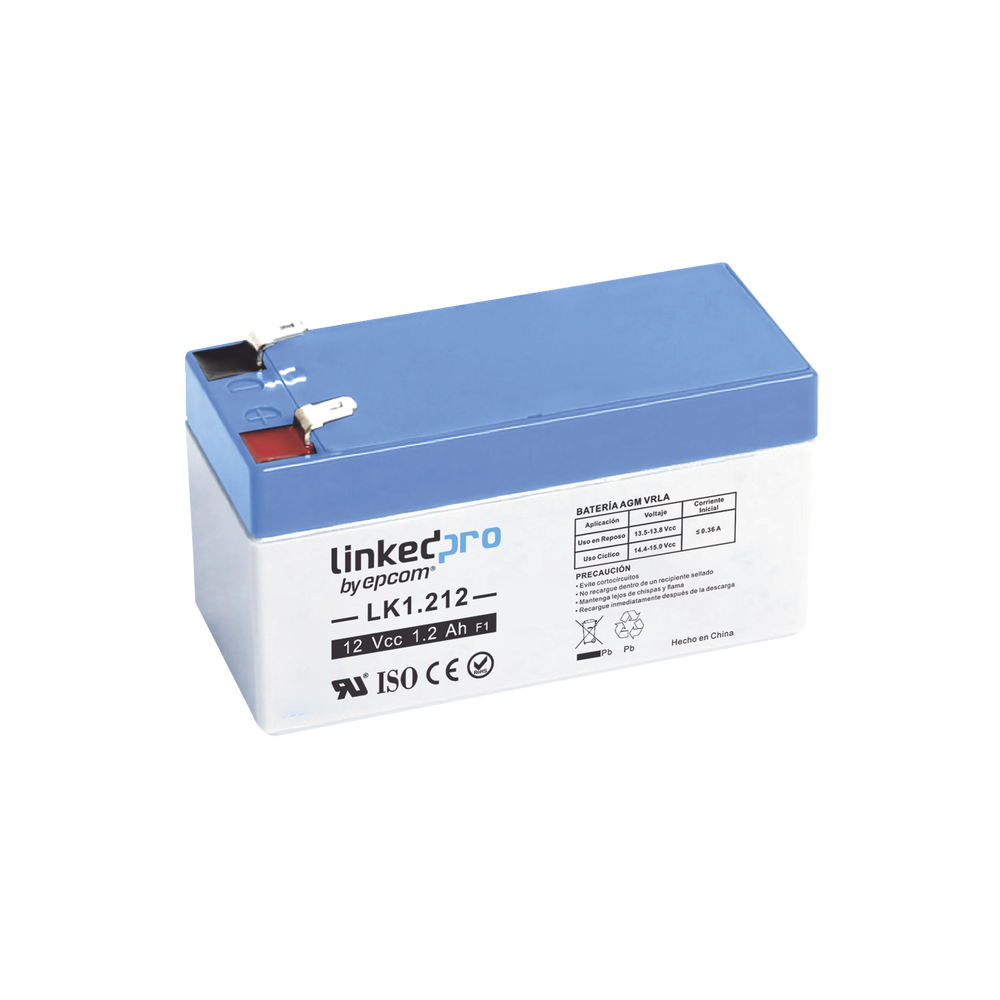 Batería 12 V / 1.2 Ah / UL / 5 Años vida útil promedio / Para uso en equipo electrónico /Alarmas de Intrusión / Incendio/ Control de acceso / Video Vigilancia / Terminales F1 ( Incluye adaptador F2 )