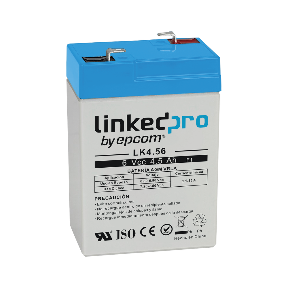 Batería 6 V / 4.5 Ah / UL / Tecnología AGM / Vida útil promedio 5 años / Para uso en equipo electrónico, Alarmas de Intrusión / Incendio/ Control de acceso / Video Vigilancia / Terminales F1 ( Incluye adaptador F2