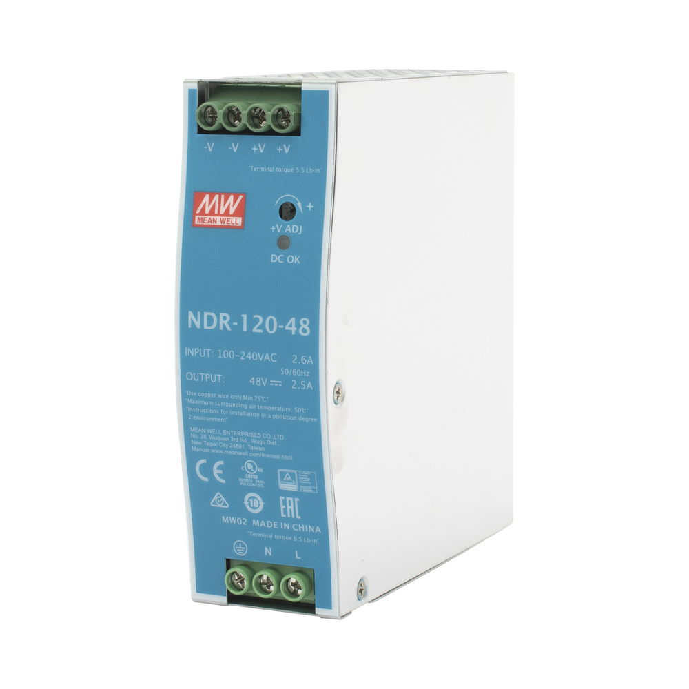 Fuente de poder industrial de 120 W, salida 48 Vcc, entrada 90~264 VCA, para montaje en riel DIN,