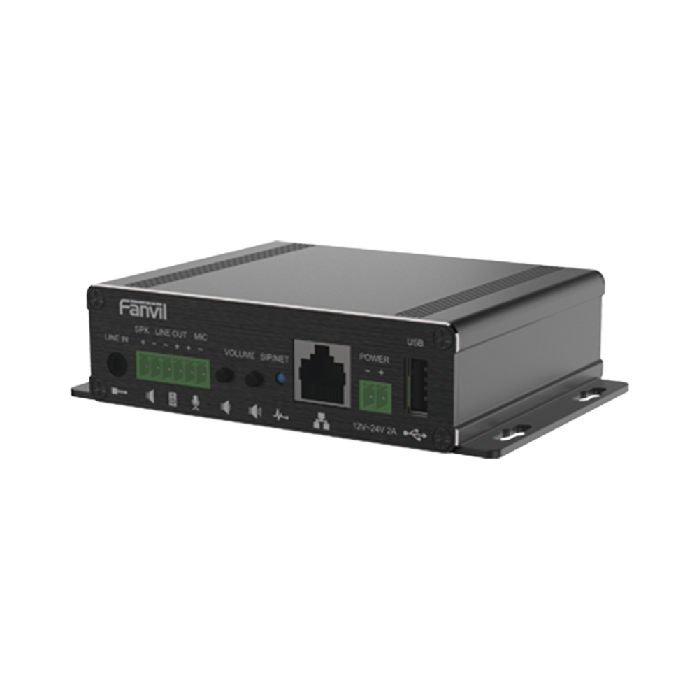 Gateway para Voceo IP/SIP, Entrada de audio (3.5mm), salida de amplificador integrado de hasta 30W, puerto USB (reproducción de MP3),