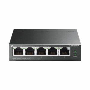 Switch PoE No Administrable de Escritorio / 5 puertos 10/100 Mbps / 4 puertos PoE af / Presupuesto 41 W / Modo extensor PoE hasta 250 metros / Calidad video prioritaria