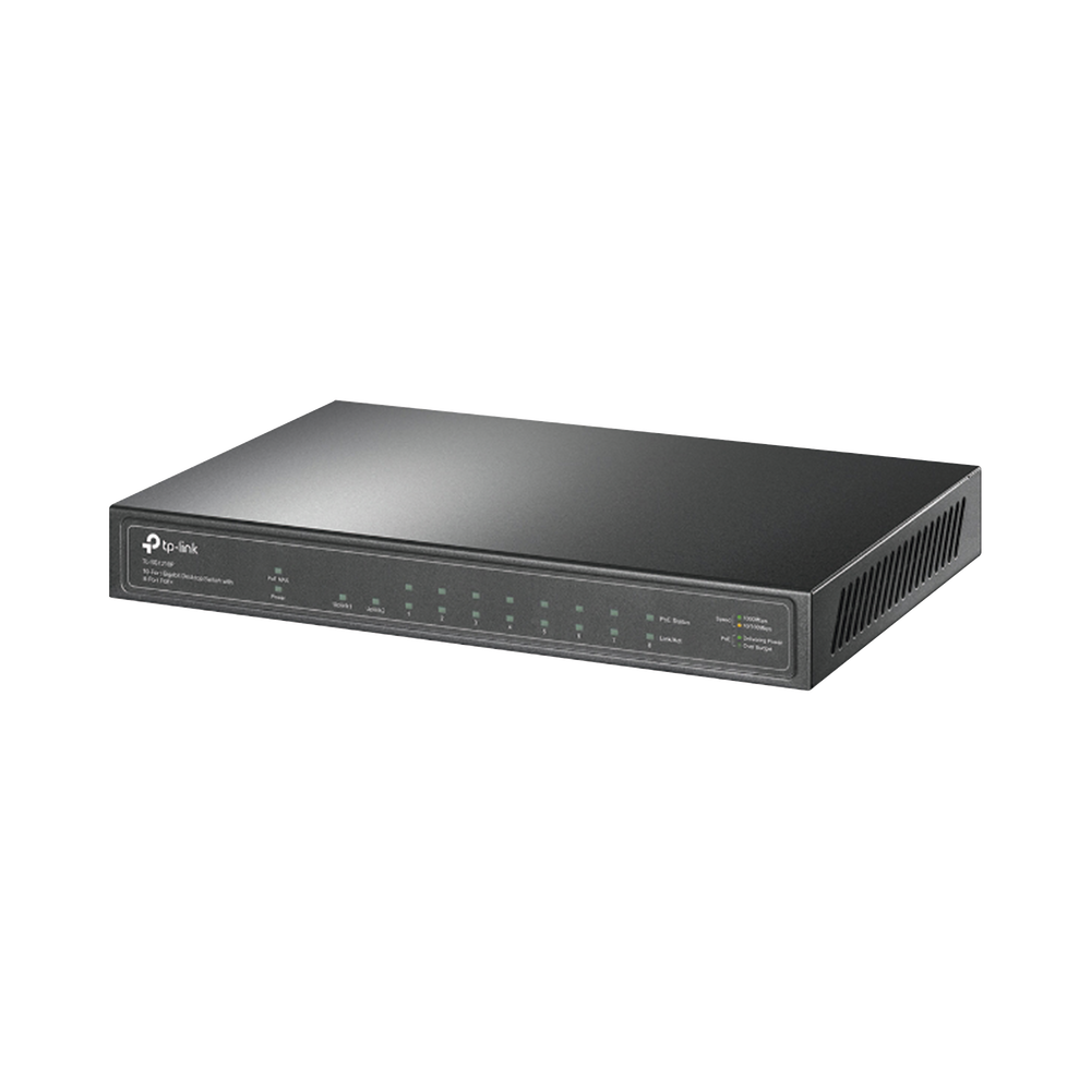 Switch de escritorio PoE+, no Administrable 8 puertos 10/100/1000 Mbps + 1 puertos 10/100/1000 Mbps (Uplink) + 1 puerto SFP, 63W