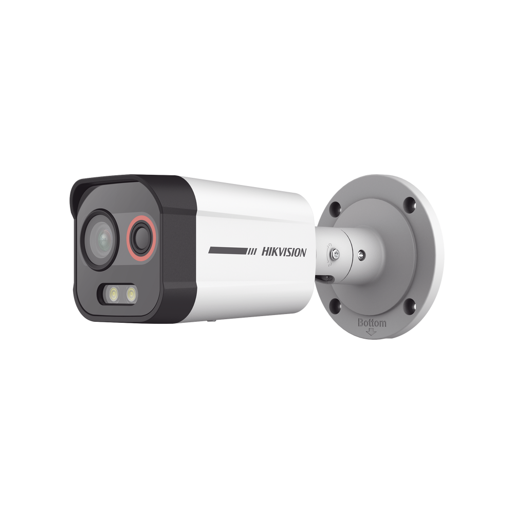 Bala IP Dual / Térmica 1.3 mm (96 x 72) / Óptico 4 mm (4 Megapixel) / Detección de Excepciones de Temperatura 30 mts /30 mts Luz Blanca / Exterior IP67 / PoE / Sirena y Luz Intermitente Integrada / Micro SD / ColorVu y ACUSENSE