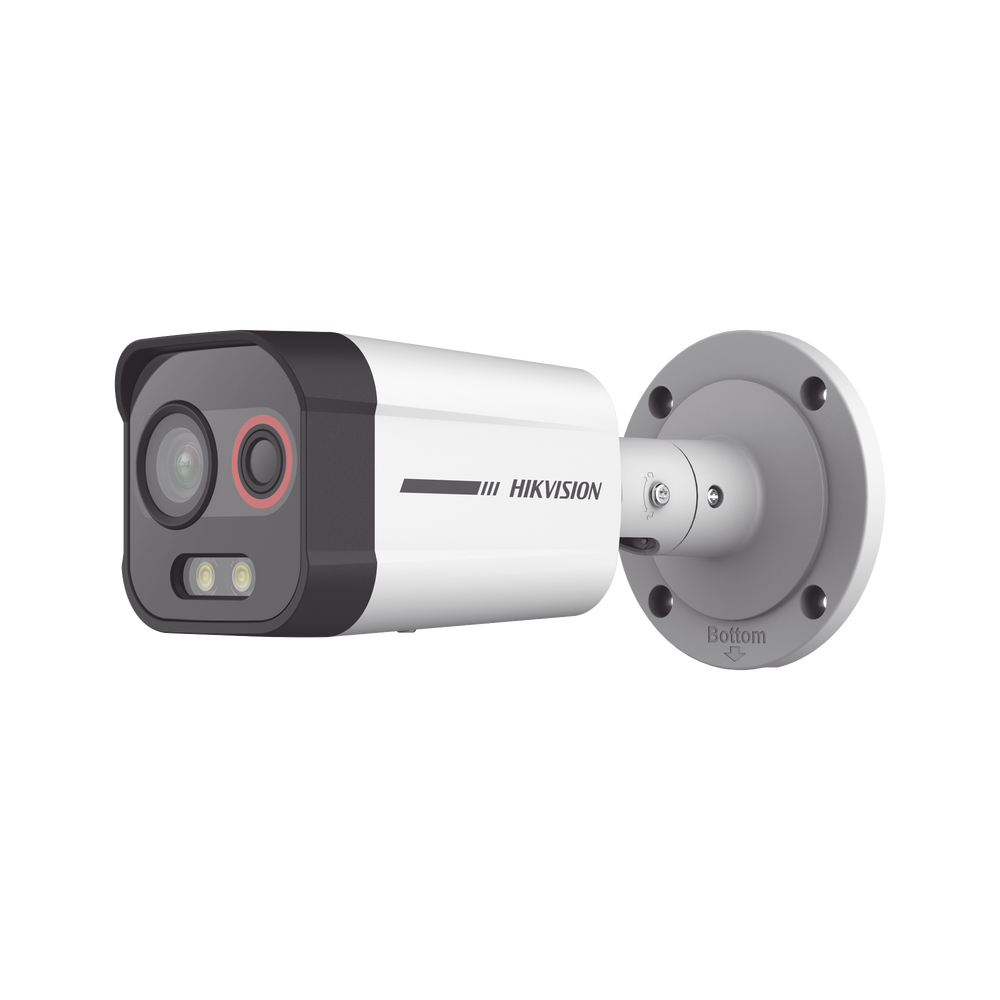 Bala IP Dual / Térmica 2.6 mm (96 x 72) / Óptico 6 mm (4 Megapixel) / Detección de Intrusión por VCA 30 mts /30 mts Luz Blanca / Exterior IP67 / PoE / Sirena y Luz Intermitente Integrada / Micro SD / ColorVu y ACUSENSE