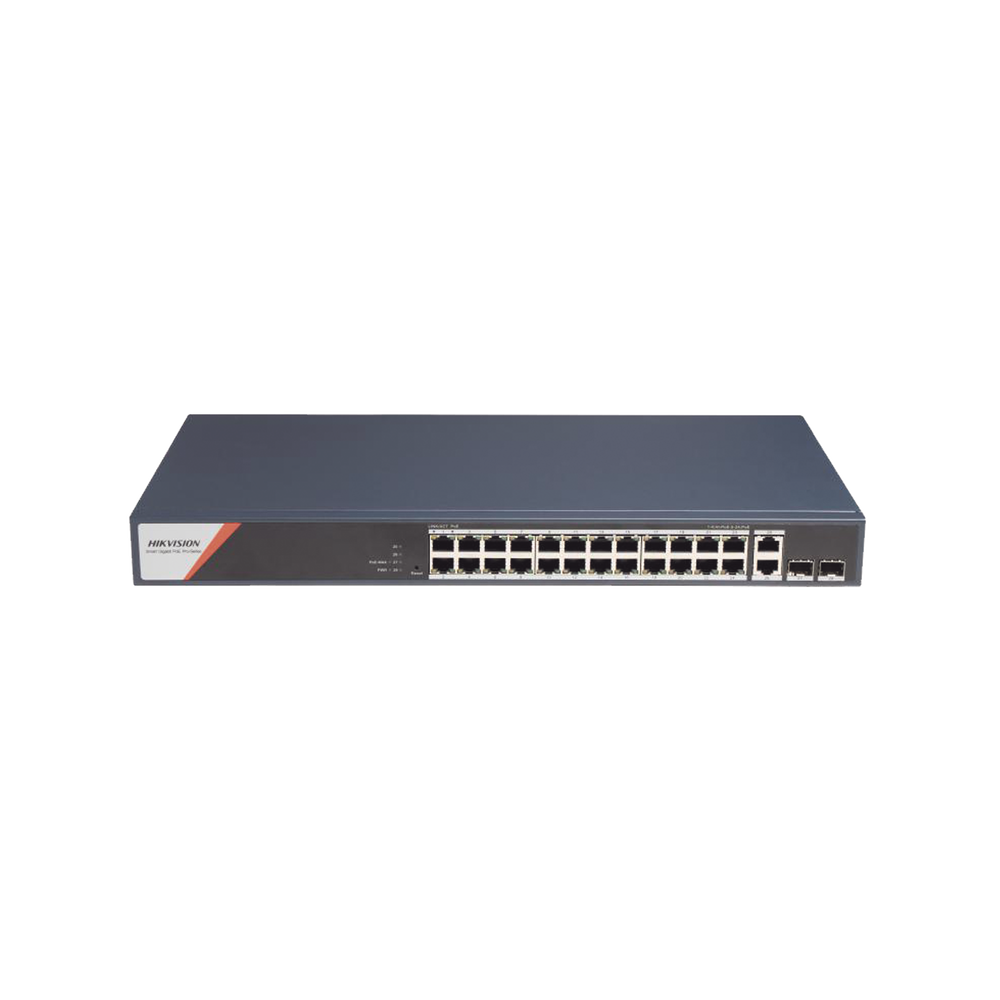 Switch Gigabit PoE+ / Administrable / 24 Puertos 1000 Mbps PoE+ (4 Puertos PoE++ 90 W) / 2 Puertos 1000 Mbps de Uplink / 2 Puertos SFP / Configuración Nube Hik-PartnerPro / Modo Extendido hasta 300 Metros / 370 W