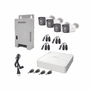 Kit HiLook Audio Bidireccional TurboHD 1080p / DVR 4 Canales / 4 Cámaras Bala (Exterior) con Bocina y Micrófono Integrado / 1 Fuente de Poder / Accesorios