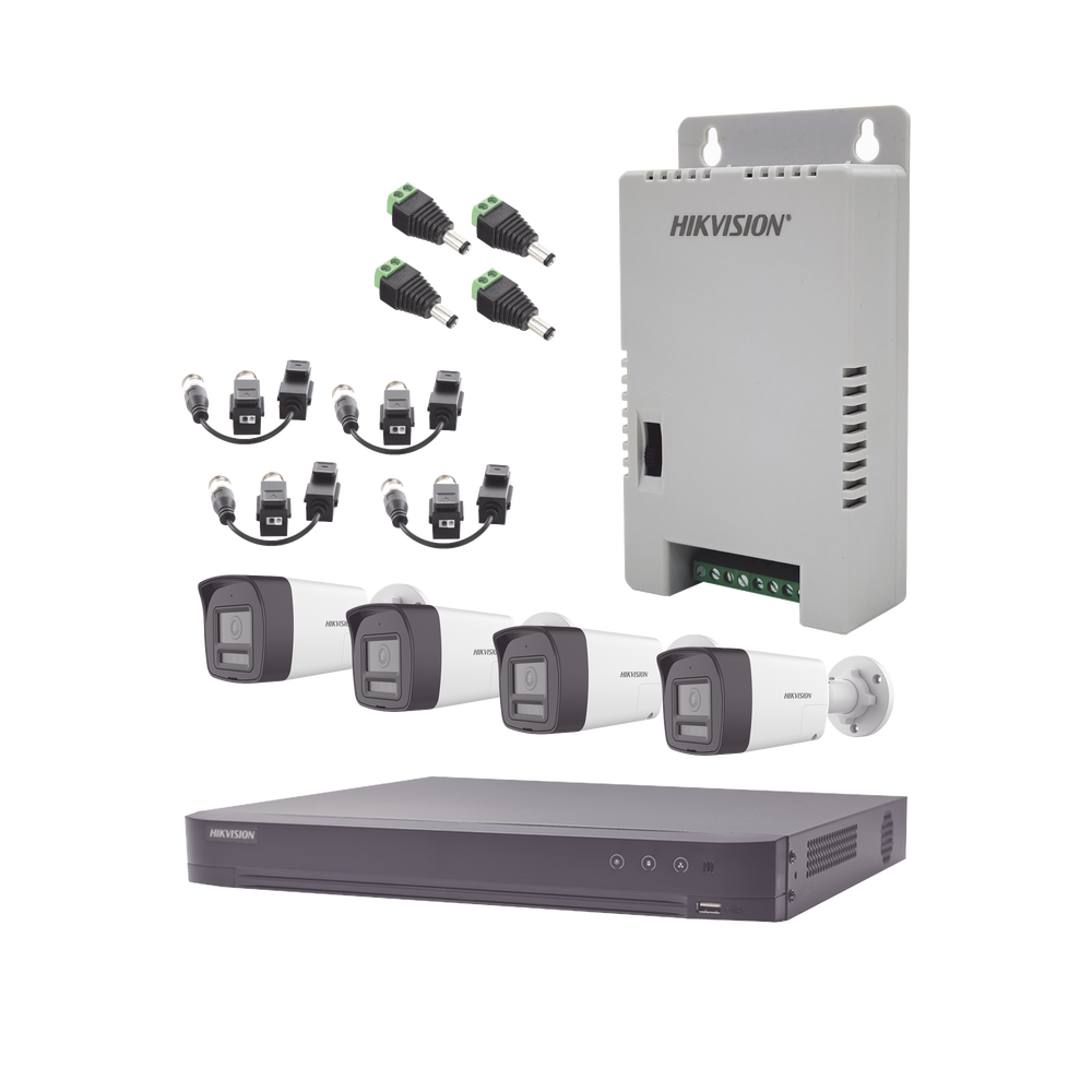 Kit Audio Bidireccional TurboHD 4K-3K / DVR 4 Canales 4K / 4 Cámaras Bala (Exterior) con Bocina y Microfóno Integrado 3K / 1 Fuentes de Poder / Accesorios
