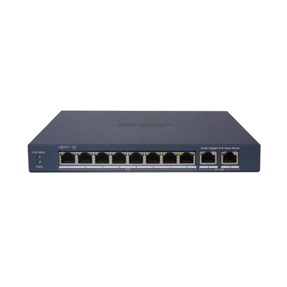 Switch Gigabit PoE+ / Administrable / 8 Puertos 1000 Mbps PoE+ / 2 Puertos 1000 Mbps de Uplink / Configuración Nube Hik-PartnerPro / Modo Extendido hasta 300 Metros / 60 W
