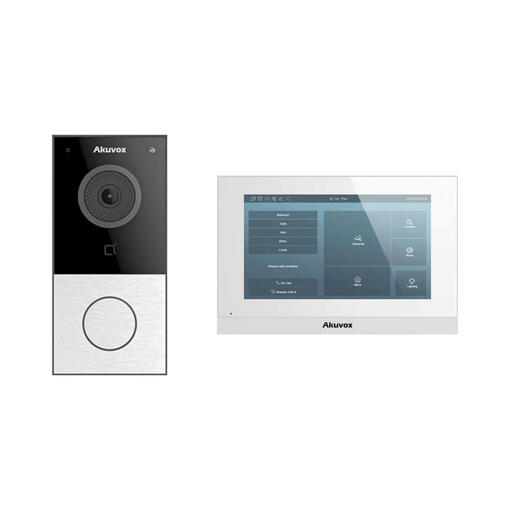 Kit de Videoportero Akuvox WIFI/ Monitor Linux de 7 Pulgadas/ 100% en la Nube / POE / Bluetooth / NFC / Lector de Tarjetas MIFARE / ONVIF / IP65 / Cámara 2 MP / Botón con Iluminación / Control de 1 Puerta / Entradas de Alarma