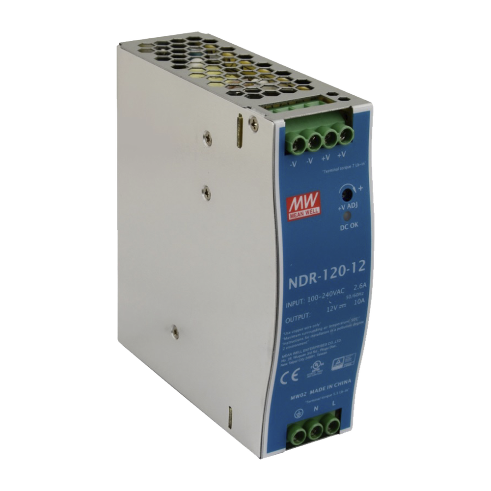 Fuente de poder industrial de 120 W, salida 12 Vcc, entrada 90~264 VCA, para montaje en riel DIN,