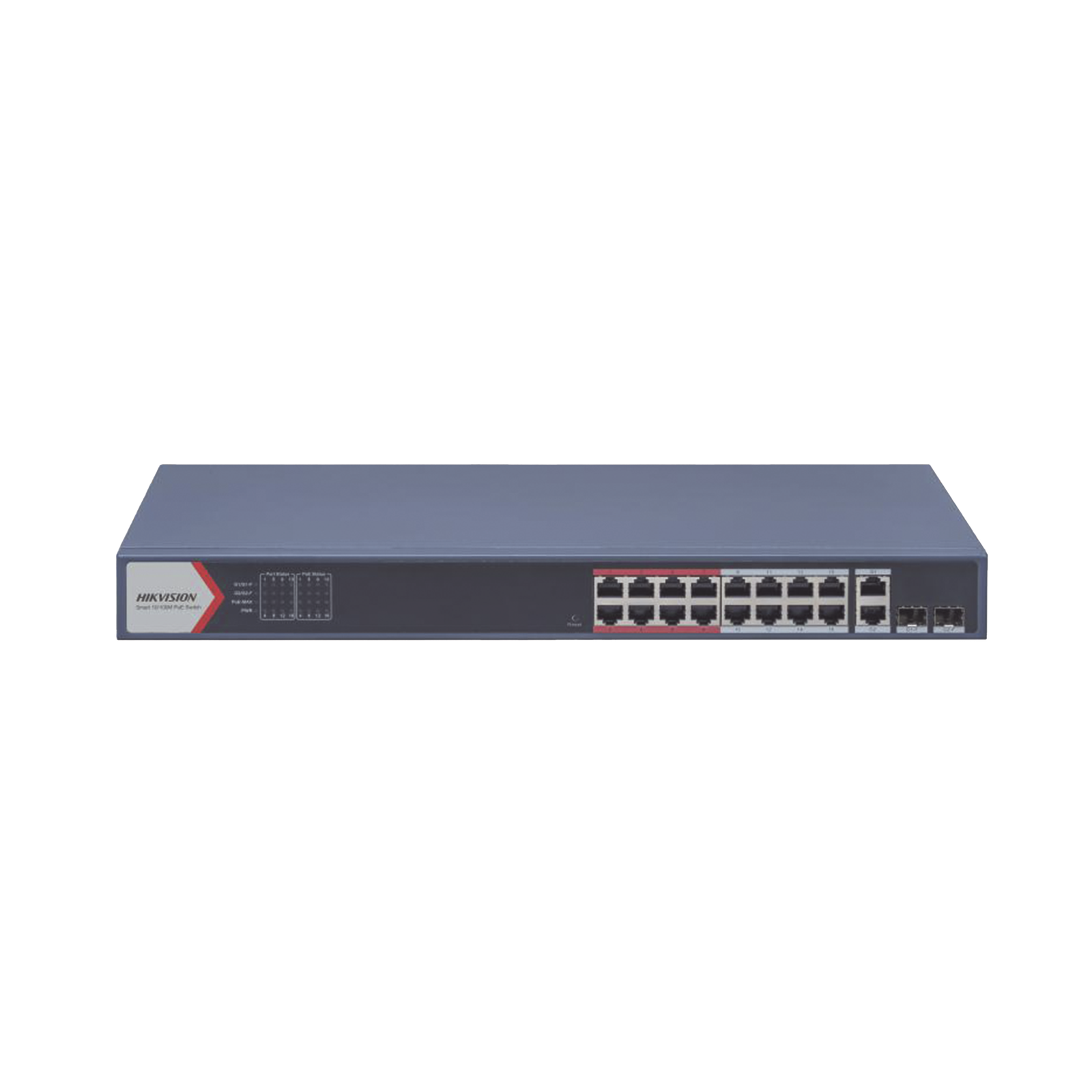Switch PoE+ / Monitoreable / 16 puertos 10/100 Mbps PoE+ / 2 Puertos 1000 Mbps Uplink / 2 Puertos SFP de Uplink / Configuración Nube Hik-Partner Pro / Modo Extendido hasta 300 metros / 230 W
