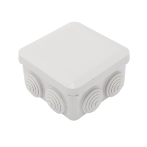 Caja Estanca, Derivación, Conexión de Plástico (89 X 89 X 50 mm) con 7 Glándulas de Goma. Para Instalaciones Comerciales,  Residenciales e Industriales. Cerrado a Presión.