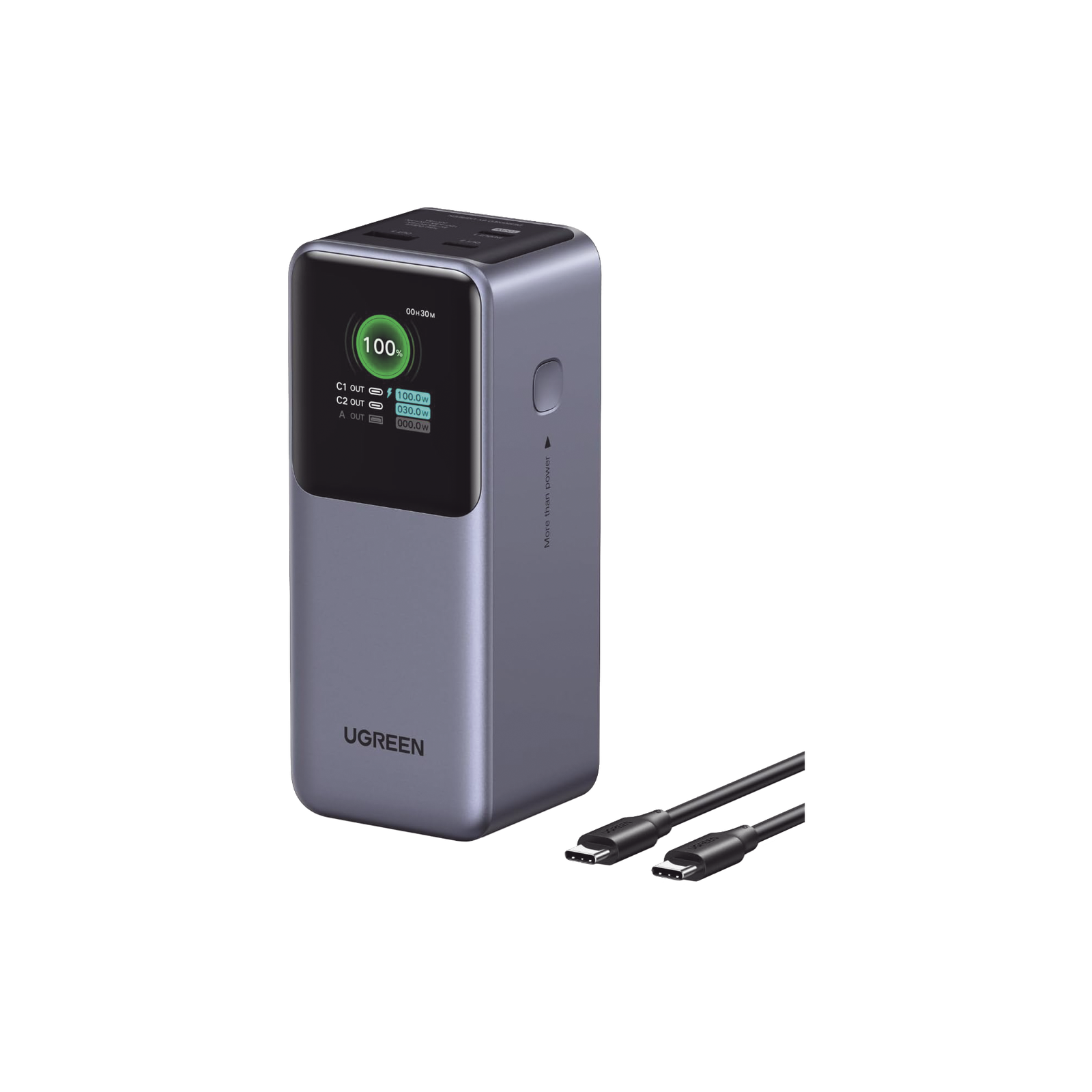 Power Bank de 20000mAh | 3 Salidas 130W Max. | USB-A + 2 USB-C | PD 3.0 | QC3.0 | FCP | SCP | Pantalla Inteligente | Carcasa Ignifuga | Color Gris | Incluye Cable USB de 50cm | Carga tu Laptop de Manera Segura.